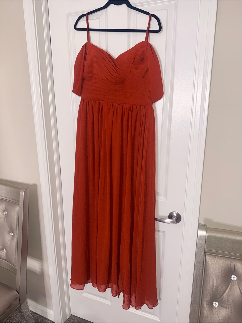 Burnt Orange Chiffon Maxi Dress with Pleated Bodice